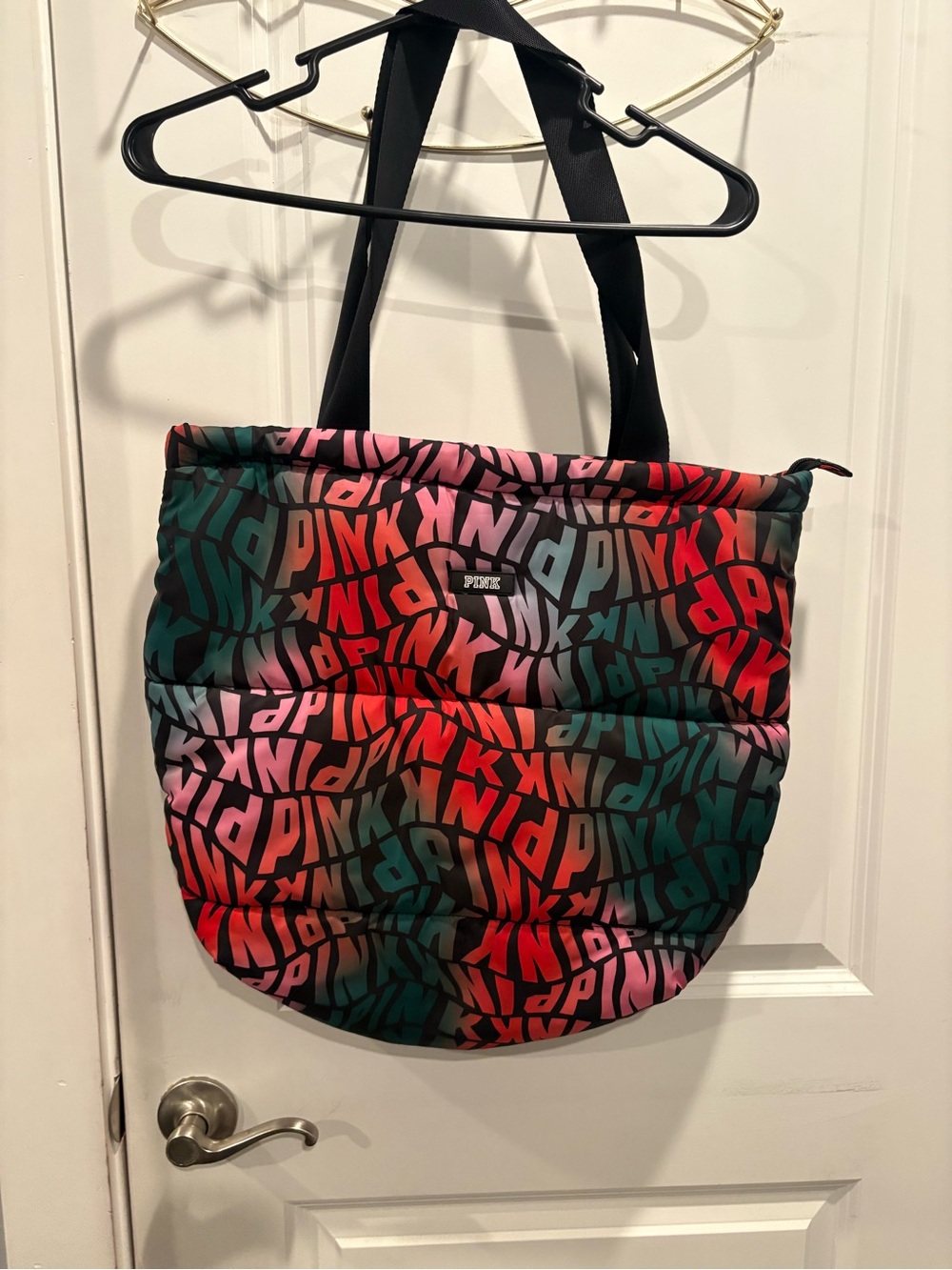 PINK Victoria's Secret Multicolor Logo Quilted Tote with Black Straps